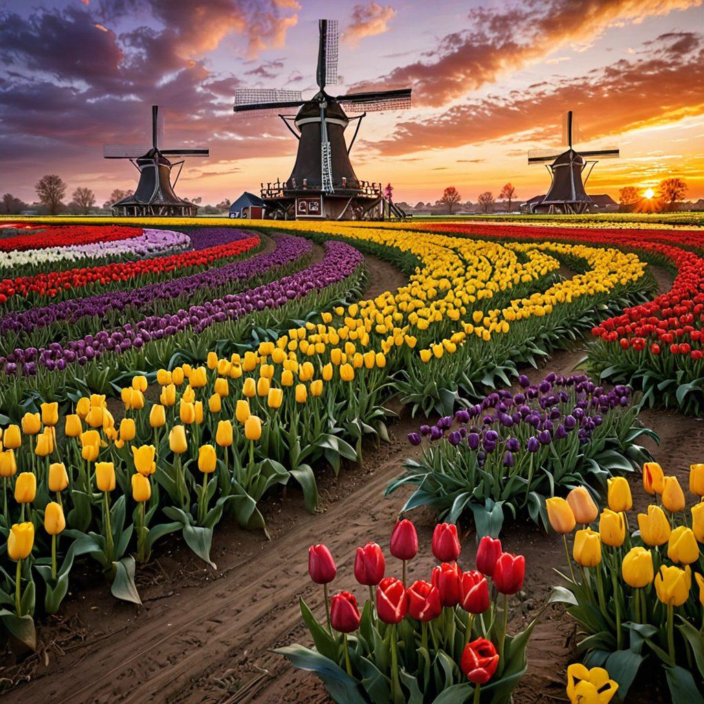 An enchanting scene depicting traditional Dutch games and merriment, featuring children playing Kolf in a vibrant tulip field, with windmills in the background. Infuse elements of Dutch heritage like wooden shoes and colorful carnival decorations, capturing the joy and laughter of community festivities. A soft sunset casts a warm glow, creating a whimsical atmosphere. super-realistic. vibrant colors. joyful theme.