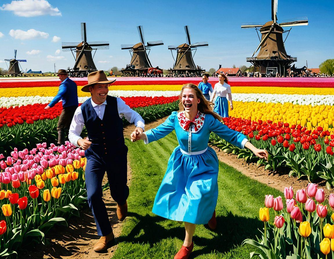 A vibrant scene depicting traditional Dutch games, like wooden shoe toss and sack racing, set in a picturesque windmill landscape. Bright tulip fields in the foreground, people dressed in traditional Dutch attire joyfully participating in these games. The sky is clear blue, conveying a festive atmosphere filled with laughter and joy. super-realistic. vibrant colors. 3D.