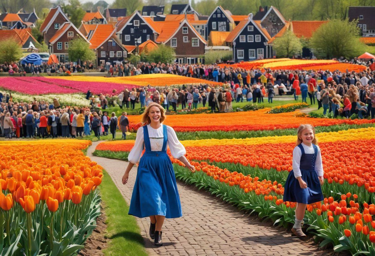 A vibrant collage depicting Dutch culture, featuring traditional windmills, colorful tulip fields, and people dressed in traditional attire celebrating King's Day with orange flags and festive decorations. Add iconic Dutch snacks like stroopwafels and herring. Capture a joyful atmosphere with smiling faces and a clear blue sky. Illustrate the blend of whimsical traditions and modern celebrations. vibrant colors. super-realistic.